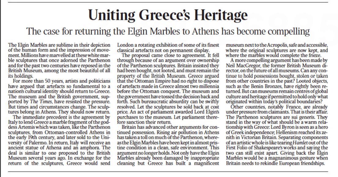 Times Parthenon Marbles article 12. 01.2022